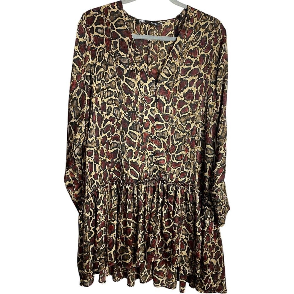 ZARA Snake Print Dress M EUC Red Brown Tan Hi-Low Button Front Mini Tunic Boho